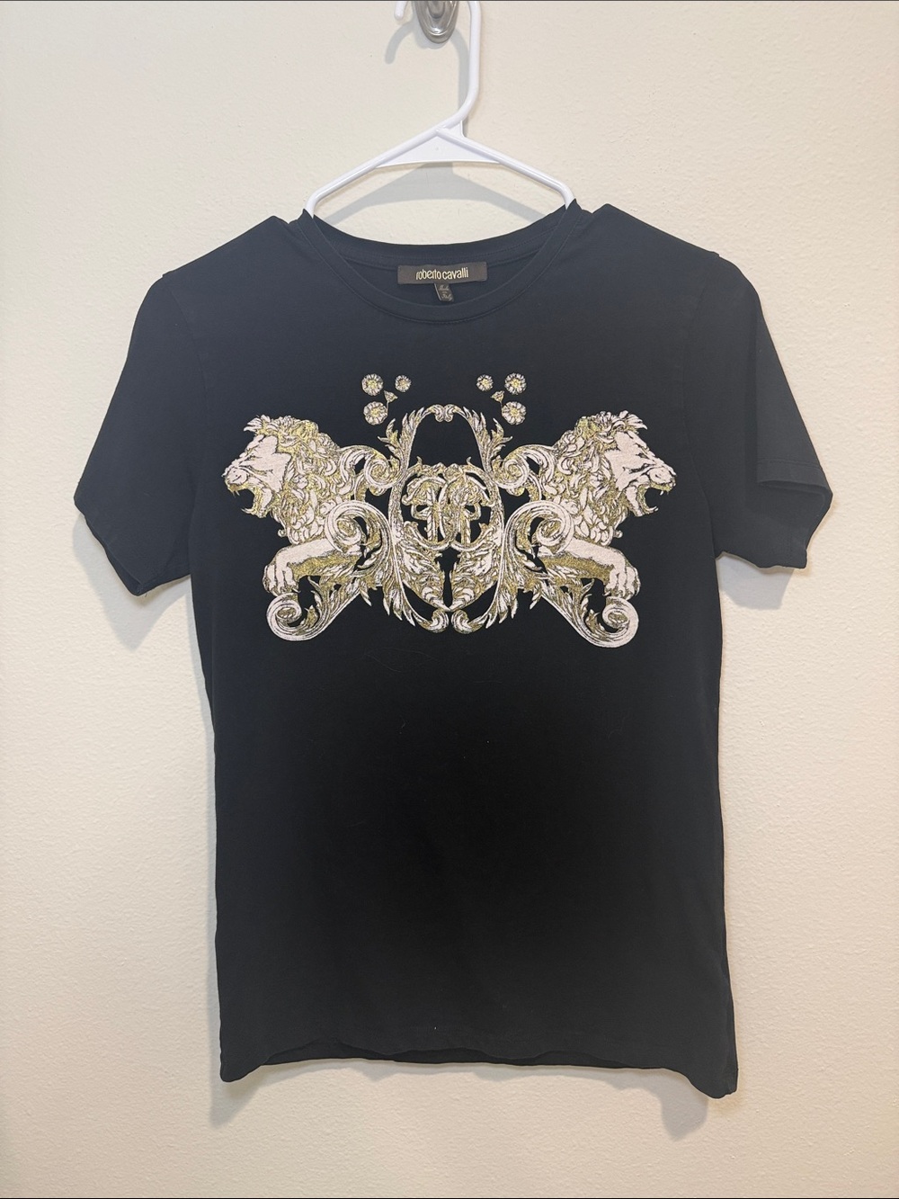 Roberto Cavalli Black Graphic Crewneck Tee with Gold Label